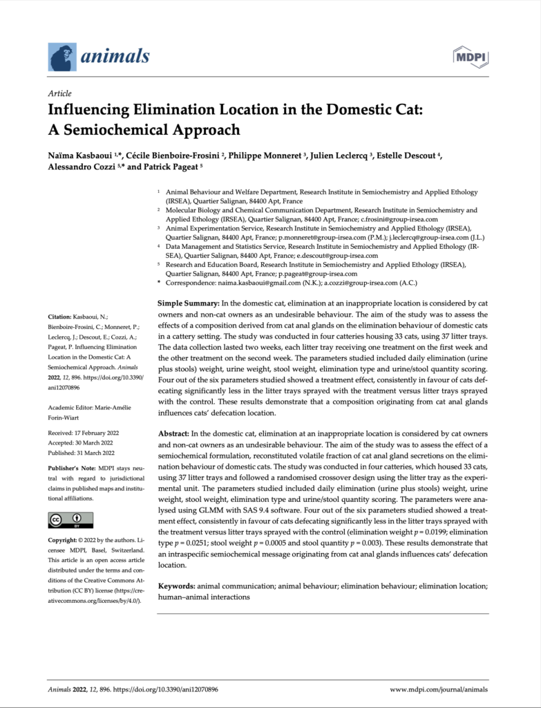 Influencing Elimination Location in the Domestic Cat: A Semiochemical Approach