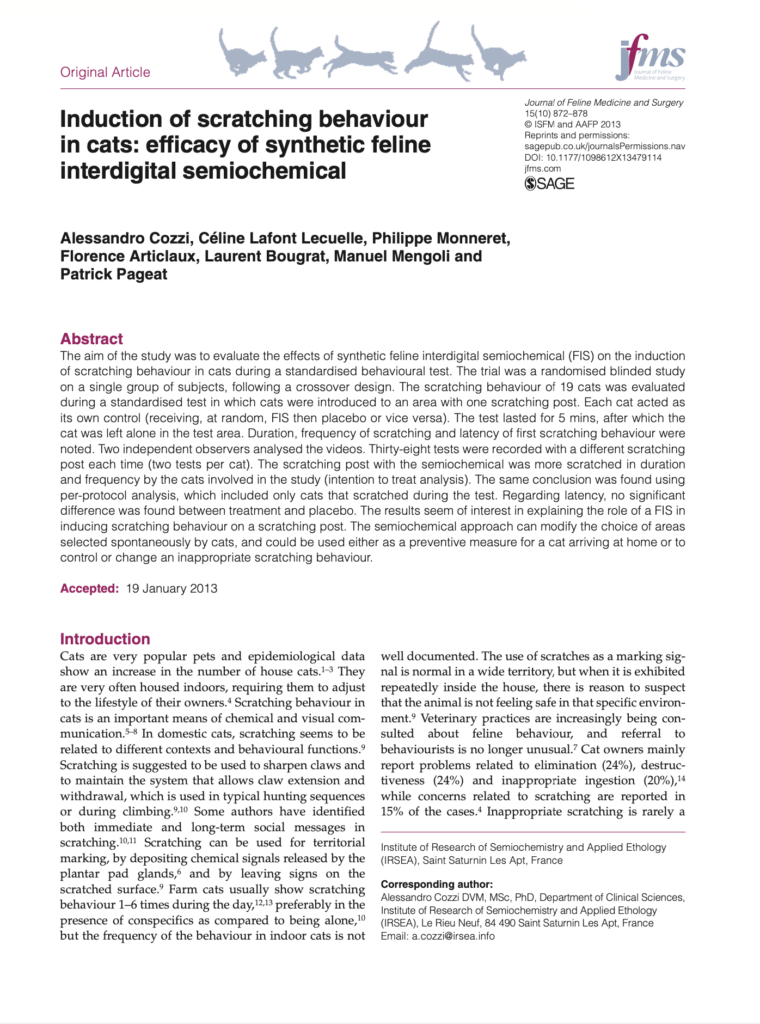 Induction of scratching behaviour in cats: efficacy of synthetic feline interdigital semiochemical