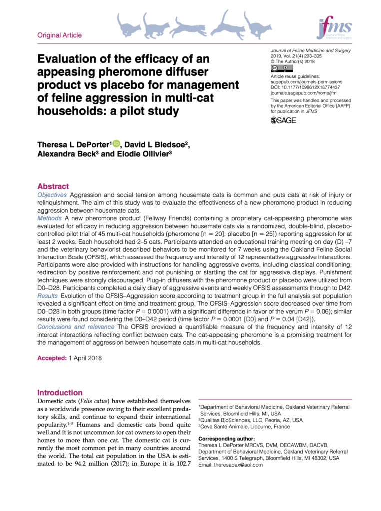 Evaluation of the efficacy of an appeasing pheromone diffuser product vs placebo for management of feline aggression in multi-cat households: a pilot study