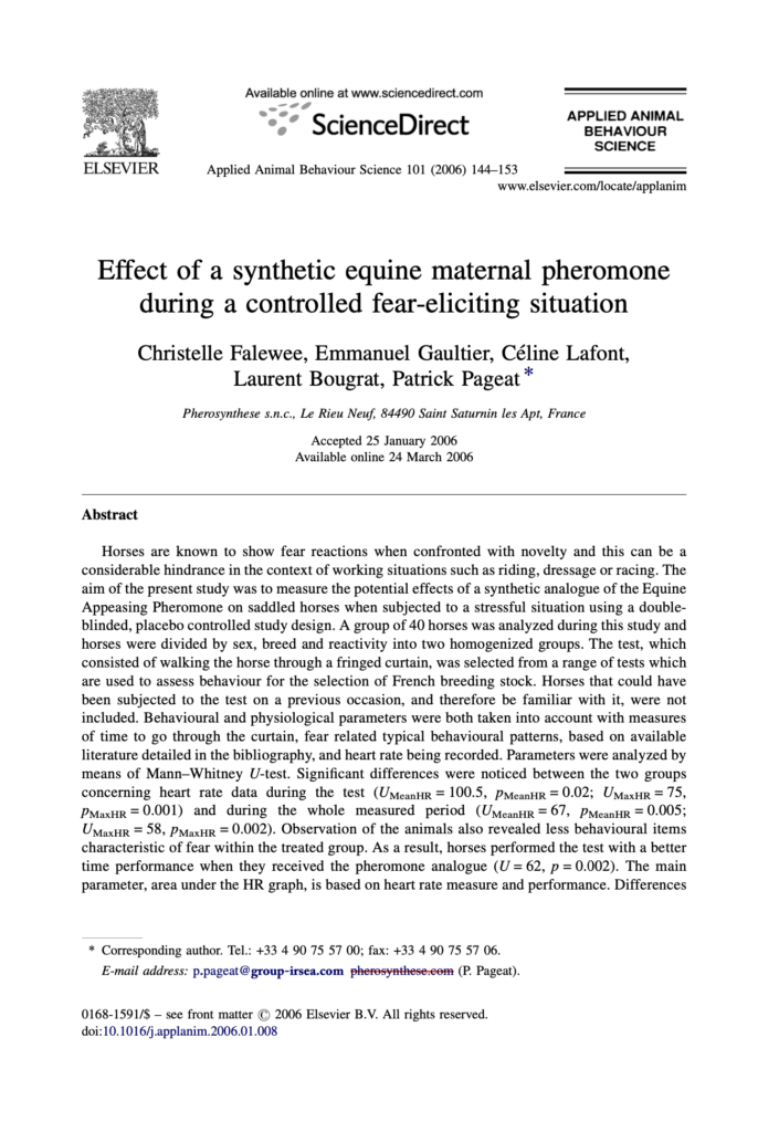 Effect of a synthetic equine maternal pheromone during a controlled fear-eliciting situation