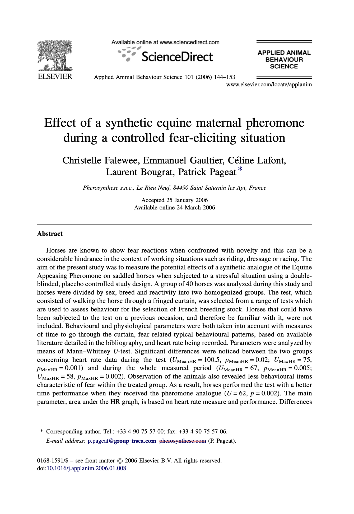 Image showcasing Effect of a synthetic equine maternal pheromone during a controlled ...