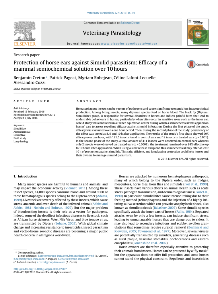 Protection of horse ears against Simulid parasitism: Efficacy of a mammal semiochemical solution over 10 hours